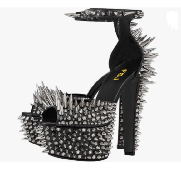 FSJ Black Spiked High Heel with Studded Ankle Strap Peep Toe Platform Sandals - Picture 1 of 8